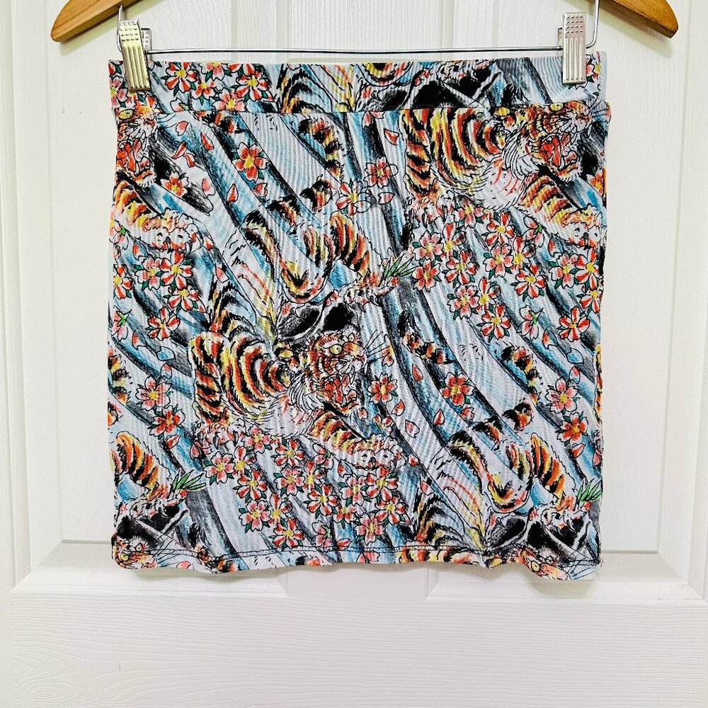 ED HARDY MESH TATTOO TIGER FLORAL SIGNATURE LOGO SKY MINI SKIRT XL